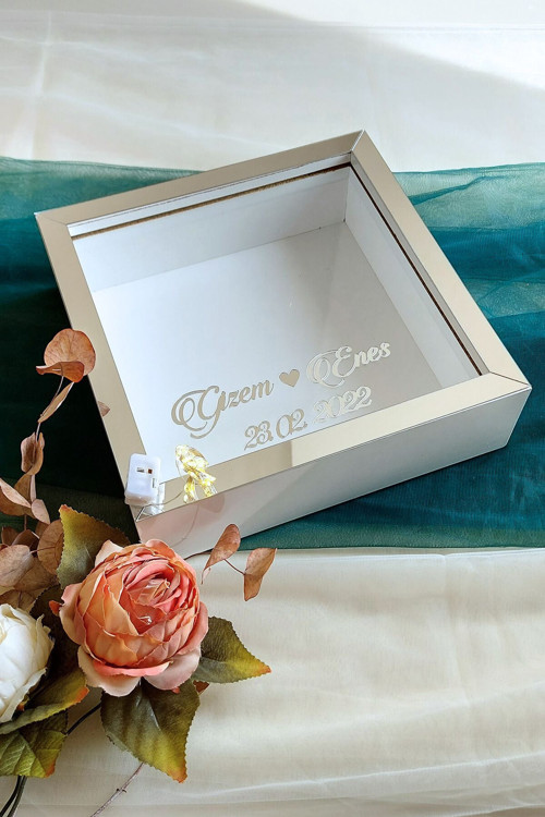 25X25 Cm Beyaz-Gümüş Ledli Derin Anı Çerçevesi-6 Cm Derinlikli Anı Çerçevesi Gül Kutusu