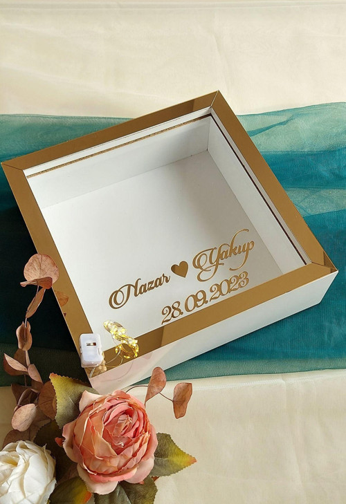 25X25 Cm Beyaz-Bronz Ledli Derin Anı Çerçevesi-6 Cm Derinlikli Anı Çerçevesi Gül Kutusu