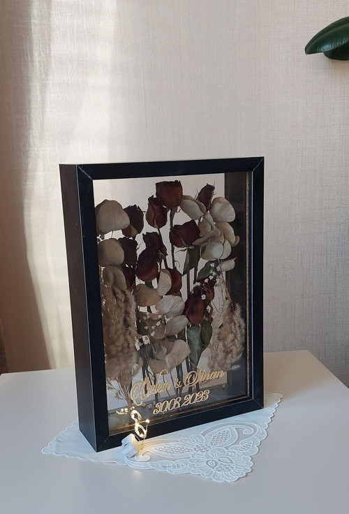 Ledli Ve İsimli 25X35 Cm Çift Yönlü Derin Gül Çerçevesi! Gelin Buketi Çerçevesi!