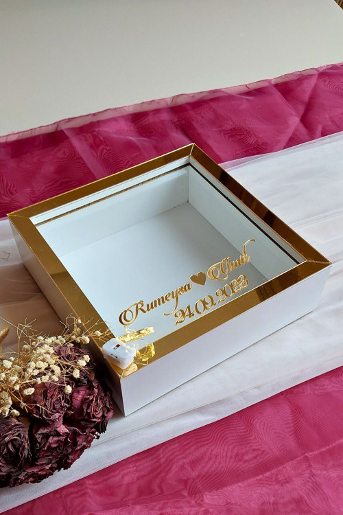 25X25 Cm Beyaz-Goldledli Derin Anı Çerçevesi-6 Cm Derinlikli Anı Çerçevesi Gül Kutusu