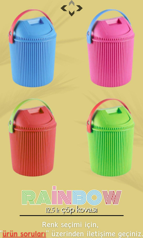 Rainbow 12,5 Lt Renkli Kulplu Kapaklı Çöp Kovası Mutfak Banyo Çocuk Odası Çöp Kovası Temizlik Kovası