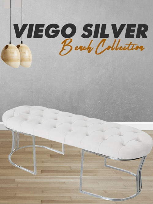 Viego Silver Puf Lüks Metal Gümüş Ayak, Chester Model Yatak Ucu Beyaz Bench