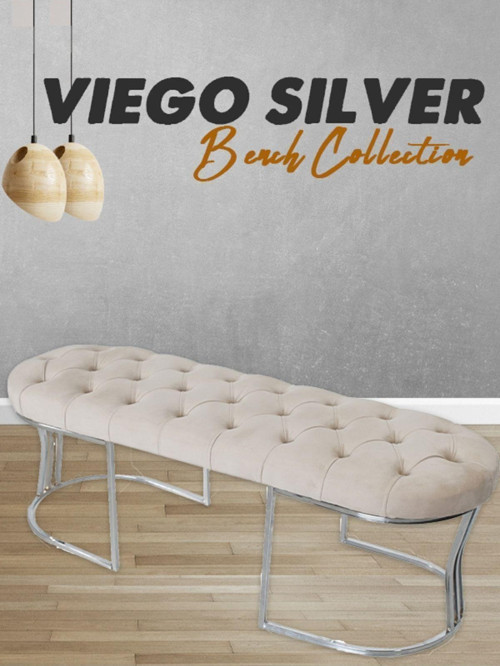 Viego Silver Puf Lüks Metal Gümüş Ayak, Chester Model Yatak Ucu Krem Bench