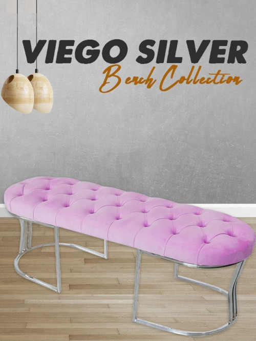Viego Silver Puf Lüks Metal Gümüş Ayak, Chester Model Yatak Ucu Pembe Bench