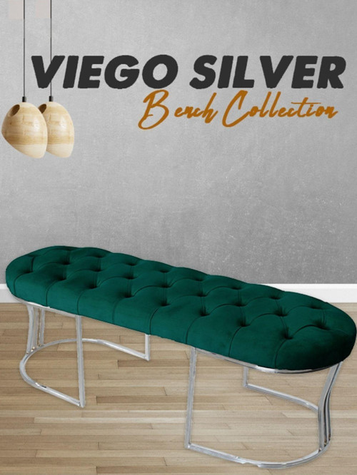 Viego Silver Puf Lüks Metal Gümüş Ayak, Chester Model Yatak Ucuyeşil Bench