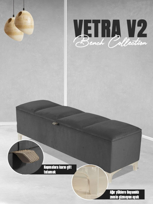 Vetra V2 Sandıklı Puf - Gri Dilimli Model Sandıklı Bench Puf - Sandıklı Yatak Ucu Bankı 40x140 cm