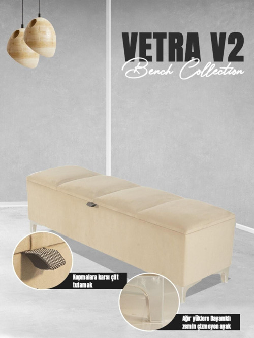 Vetra V2 Sandıklı Puf - Krem Dilimli Model Sandıklı Puf Bench - Sandıklı Yatak Ucu Bankı 40x140 cm