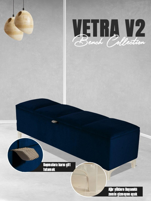 Vetra V2 Sandıklı Puf - Mavi Dilimli Model Sandıklı Bench Puf - Sandıklı Yatak Ucu Bankı 40x140 cm
