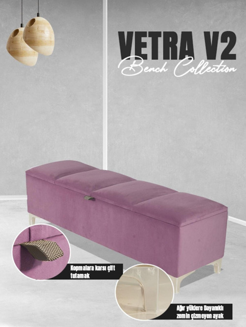 Vetra V2 Sandıklı Puf - Pembe Dilimli Model Sandıklı Bench Puf - Sandıklı Yatak Ucu Bankı 40x140 cm