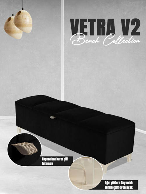 Vetra V2 Sandıklı Puf - Siyah Dilimli Model Sandıklı Bench Puf - Sandıklı Yatak Ucu Bankı 40x140 cm