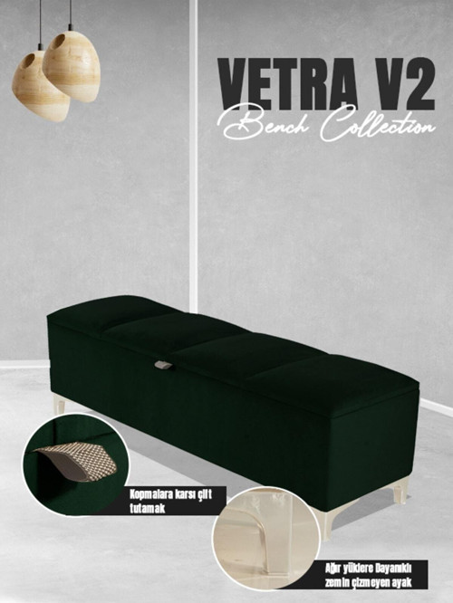 Vetra V2 Sandıklı Puf - Yeşil Dilimli Model Sandıklı Bench Puf - Sandıklı Yatak Ucu Bankı 40x140 cm