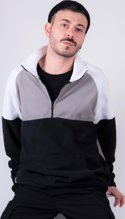 Kadın Erkek Yarım Fermuarlı Siyah Gri Beyaz Polar Sweatshirt XL Beden