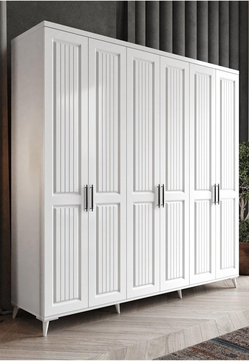 Ücretsiz Montaj - %100 MDF Adenna 6 Kapaklı Beyaz Gardırop - MDF Dolap - Elbise Dolabı
