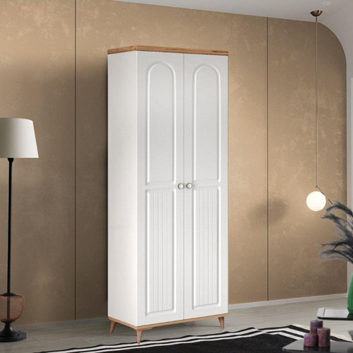 Ücretsiz Montaj - %100 MDF Bohem 2 Kapaklı Atlantik Çam Beyaz Gardırop - MDF Dolap - Elbise Dolabı