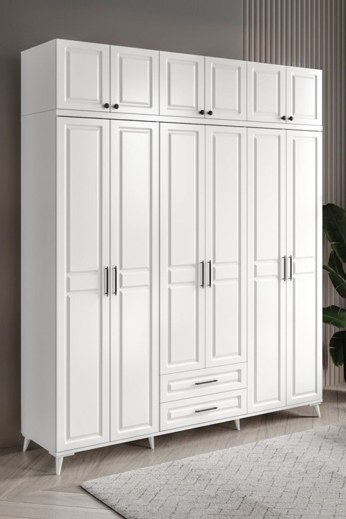 Ücretsiz Montaj - %100 MDF Gözde 6 Kapaklı Yüklüklü Beyaz Gardırop - MDF Dolap - Elbise Dolabı