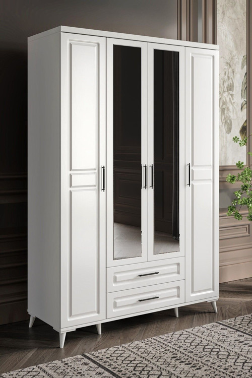Ücretsiz Montaj - %100 MDF Gözde 4 Kapaklı Aynalı Beyaz Gardırop - MDF Dolap - Elbise Dolabı