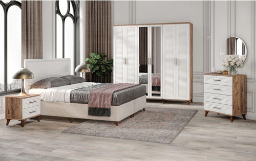 Ücretsiz Montaj - %100 MDF Paris 6 Kapaklı Atlantik Çam-Beyaz Yatak Odası Takımı (Bazalı) - MDF Dolap - Elbise Dolabı