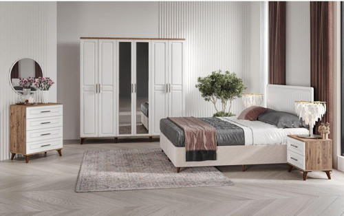 Ücretsiz Montaj -%100 MDF Sport 6 Kapaklı Atlantik Çam-Beyaz Yatak Odası Takımı (Bazalı)