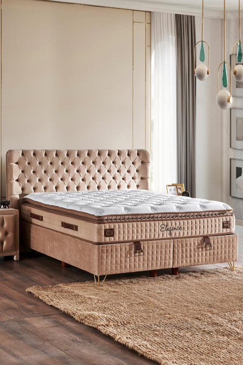 Elegance Lüks Yatak Baza ve Başlık Seti 150x200 cm Çift Kişilik Paket Yaylı Yumuşak Yatak Baza Başlık Takımı
