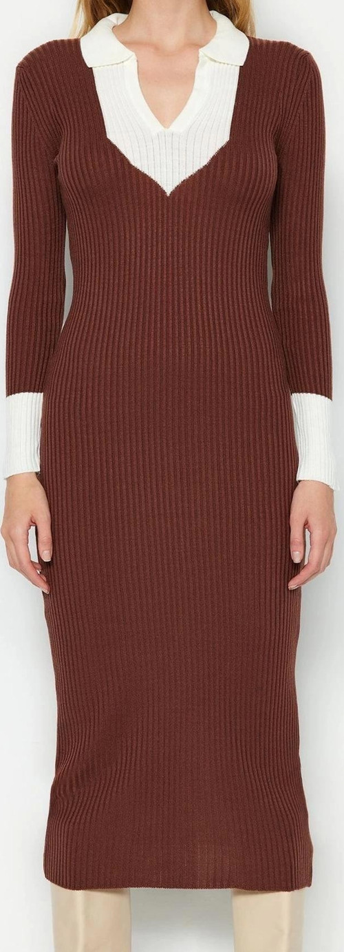 Moda Slim Casual Günlük Fitilli Triko Polo Yaka Uzun Kol Bodycone Midi Boy Elbise