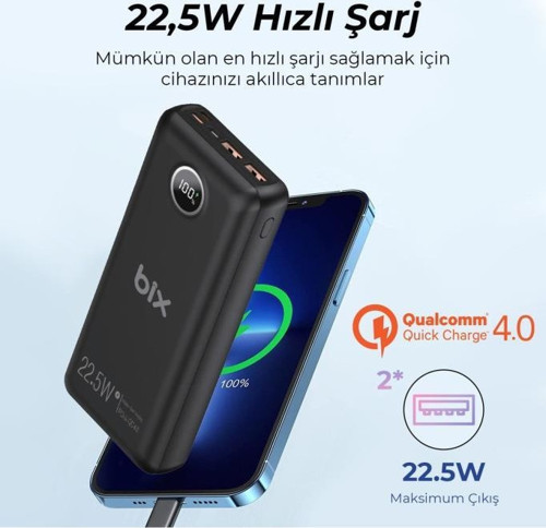 Pb201 Üç Portlu 20000mah 22.5w Hızlı Şarj 4.0 Pd Giriş/çıkışlı Led Göstergeli Powerbank Siyah
