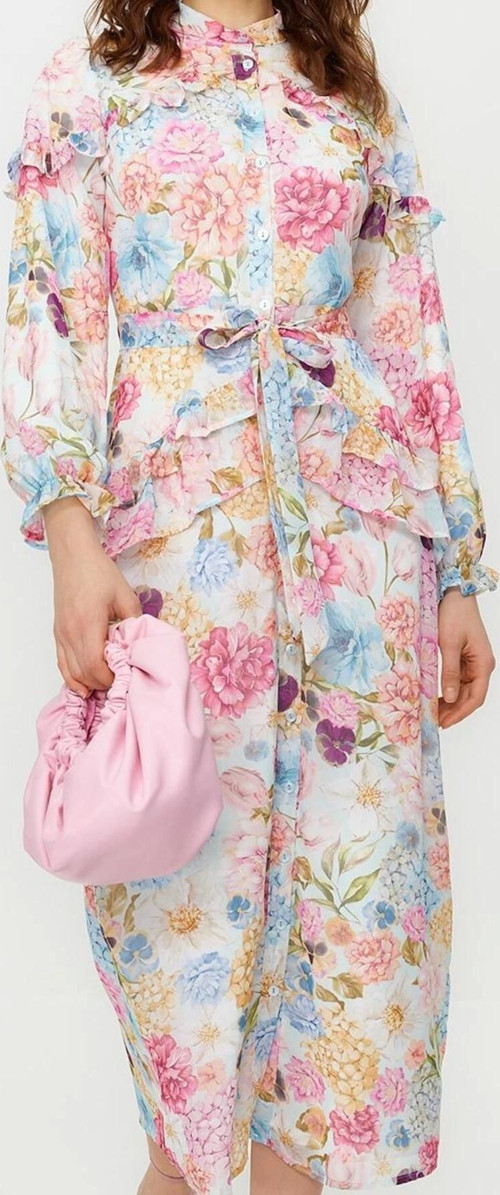 Moda Stil Regular Dik Yaka Maxi Boy Tesettür Çiçekli Fırfır Detaylı Astarlı Dokuma Şifon Elbise