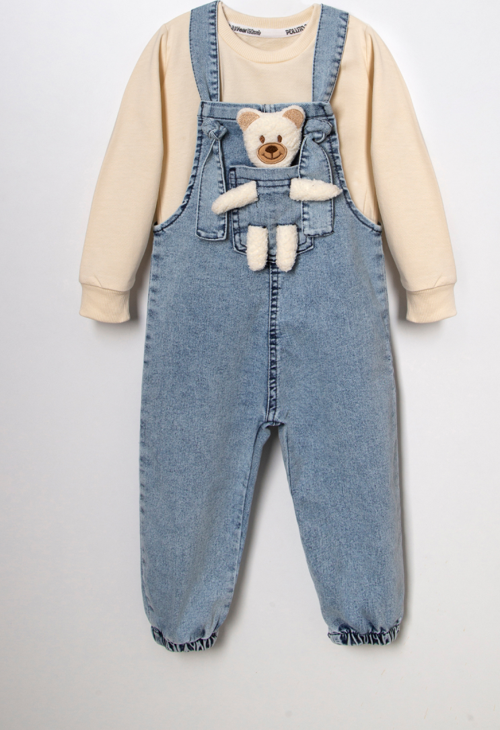 Unisex Çocuk Askısı Bağlamalı Teddy Oyuncaklı 2'li Kot Salopet