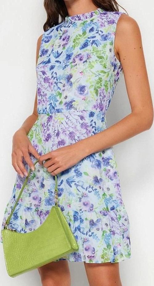 Moda Stil Regular Dik Yaka Mini Boy Çiçekli A Kesim Fırfırlı Astarlı Dokuma Elbise