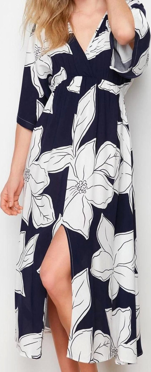Moda Stil Regular Kruvaze Midi Boy Çiçek Desenli A Kesim Yaka Dokuma Elbise