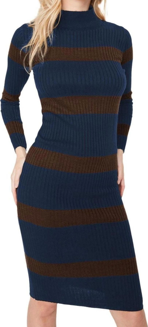 Moda Slim Casual Günlük Tek Plaka Triko Dik Yaka Uzun Kol Bodycone Midi Boy Elbise