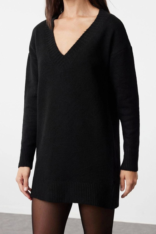 Moda Oversize Casual Günlük Dolu İğne Triko V Yaka Uzun Kol Kazak Elbise Mini Boy Elbise