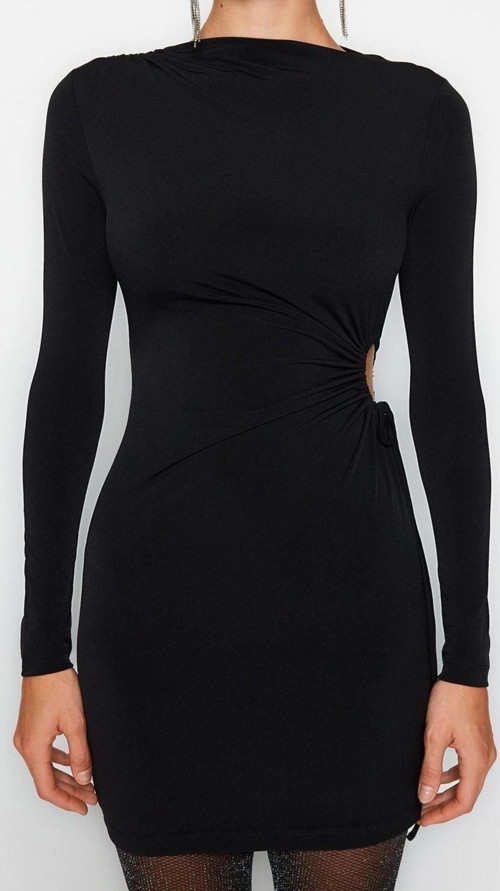 Moda Fit Mezuniyet Balo Sandy Örme Kayık Yaka Uzun Kol Bodycone Mini Boy Elbise