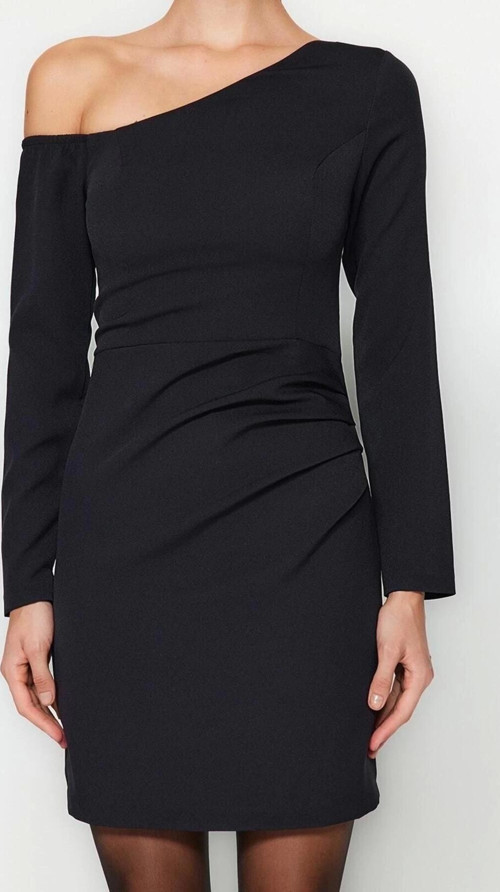 Moda Fit Mezuniyet Balo Finike Dokuma Asimetrik Yaka Uzun Kol Bodycone Mini Boy Elbise