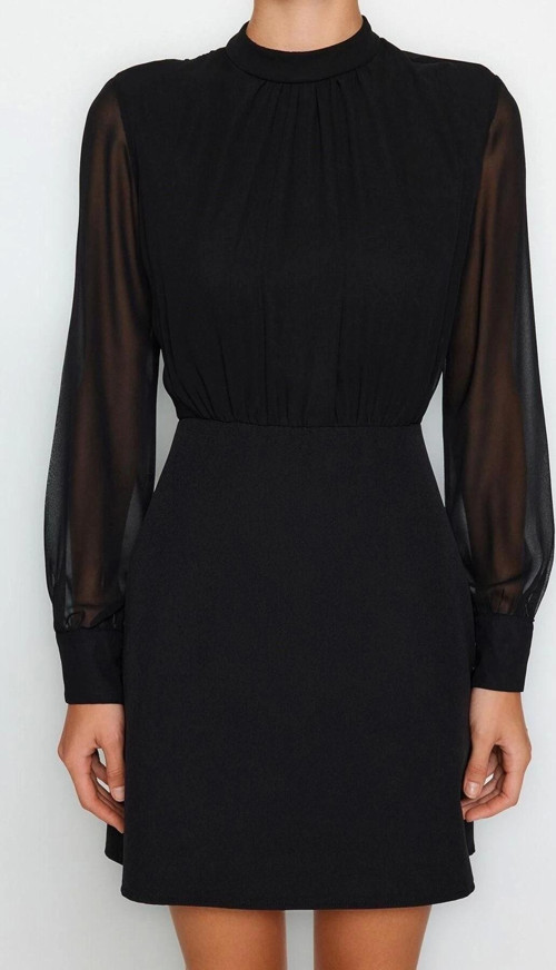 Moda Fit Gündüz Gece Finike Dokuma Dik Yaka Uzun Kol Bodycone Mini Boy Elbise