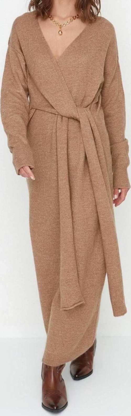 Moda Regular Casual Günlük Tek Plaka Triko Kruvaze Uzun Kol Kruvaze Maxi Boy Elbise
