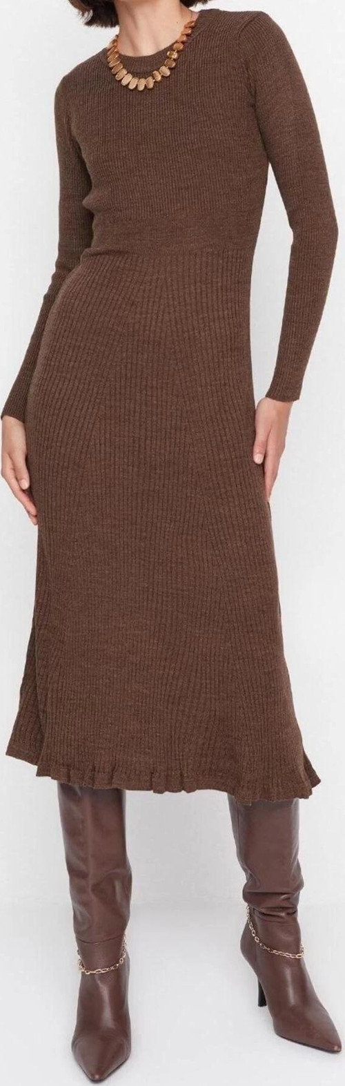 Moda Slim Casual Günlük Tek Plaka Triko Bisiklet Yaka Uzun Kol Bodycone Midi Boy Elbise