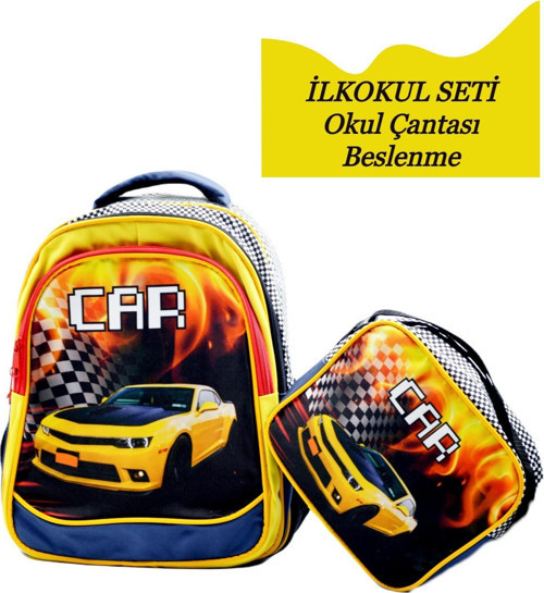 3 Bölmeli İlkokul Okul Sırt Çantası Ve Beslenme Çantası Car Sarı