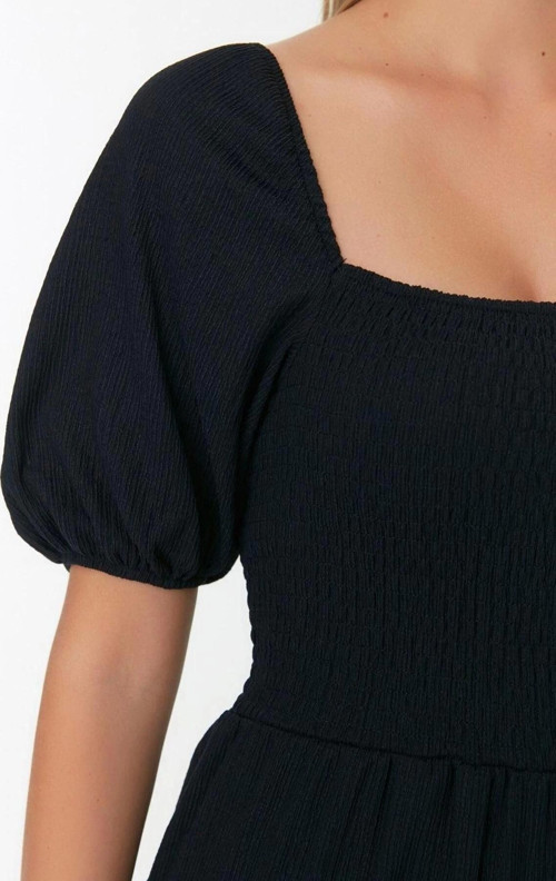 Moda Regular Casual Günlük Bürümcük Örme Kare Yaka Kısa Kol Eteği Fırfırlı Midi Boy Elbise