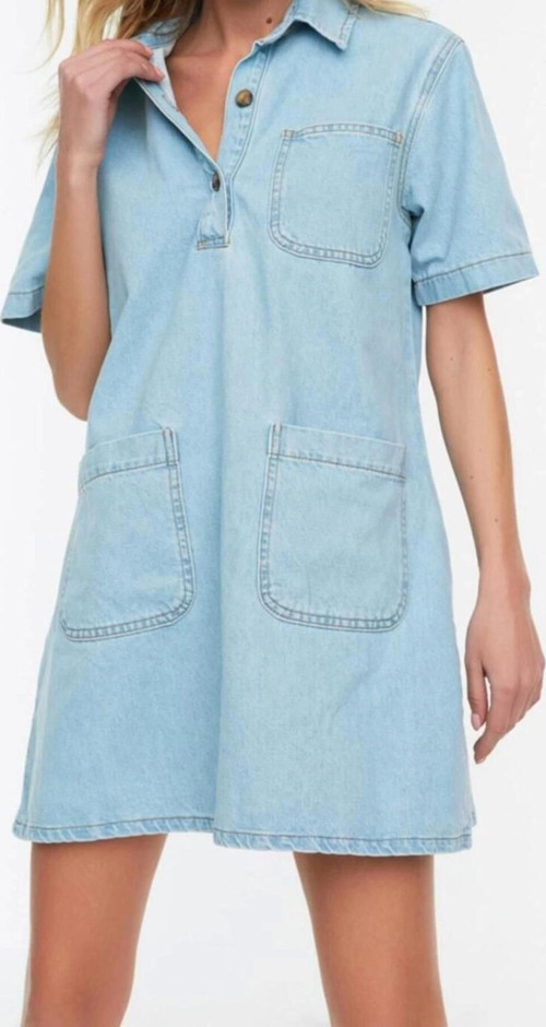 Moda Regular Casual Günlük Rigid Denim Kare Yaka Kısa Kol Gömlek Elbise Mini Boy Elbise