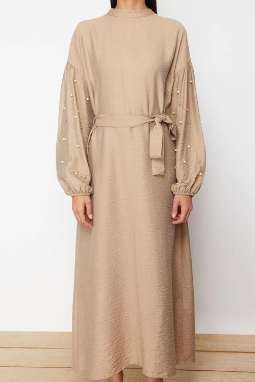 Moda Regular Casual Günlük Lilyum Dokuma Bisiklet Yaka Uzun Kol A-Line Maxi Boy Tesettür Elbise