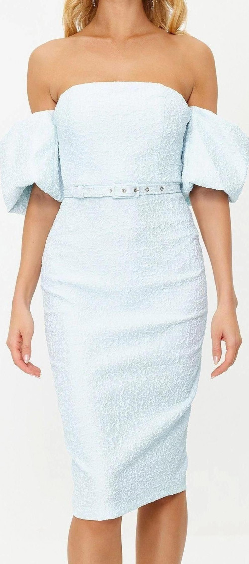 Moda Fit Mezuniyet Balo Jakar Dokuma Carmen Yaka Kısa Kol Bodycone Midi Boy Elbise