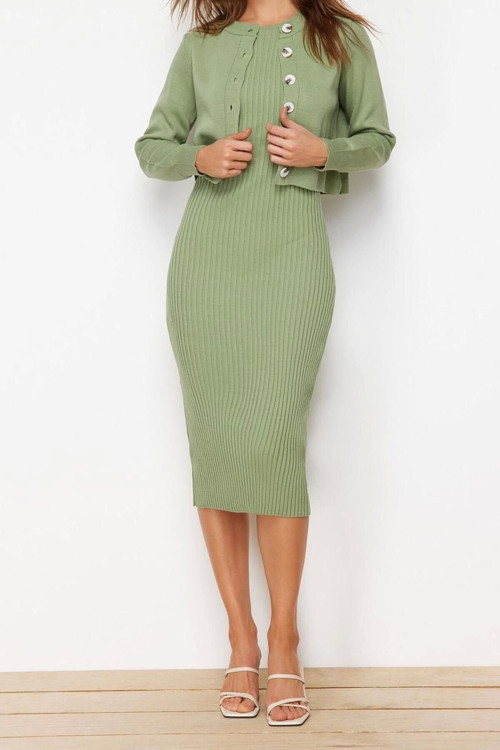 Moda Regular Casual Günlük Fitilli Triko Bisiklet Yaka Uzun Kol Bodycone Midi Boy Elbise