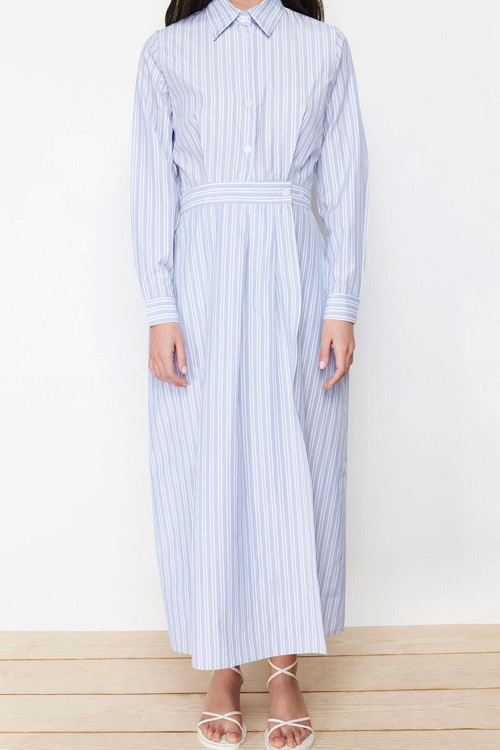 Moda Regular Casual Günlük Poplin Dokuma Gömlek Yaka Uzun Kol Gömlek Elbise Maxi Boy Tesettür Elbise