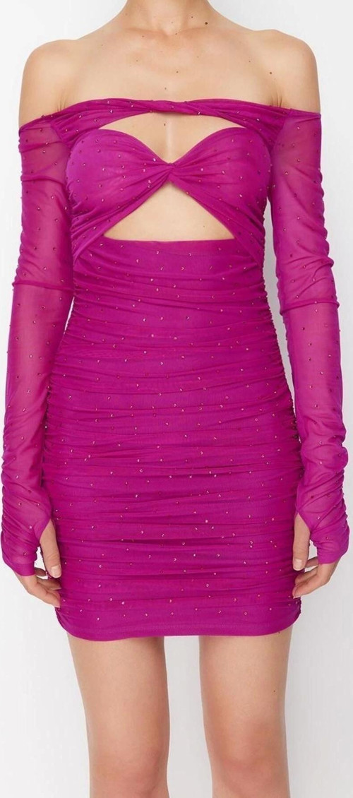 Moda Fit Düğün Nikah Finike Dokuma Straplez Kolsuz Kol Shift Midi Boy Elbise