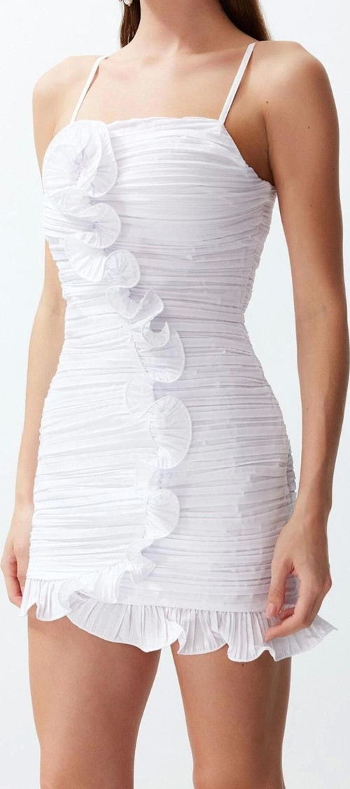 Moda Fit Mezuniyet Balo Poplin Dokuma Kare Yaka Askılı Kol Bodycone Mini Boy Elbise