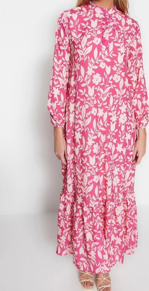 Moda Regular Casual Günlük Queen Crep Dokuma Dik Yaka Uzun Kol A-Line Maxi Boy Tesettür Elbise