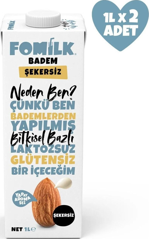 Badem Sütü Glutensiz Bitkisel Bazlı Laktozsuz Vegan Şekersiz 1 L x 2 Adet