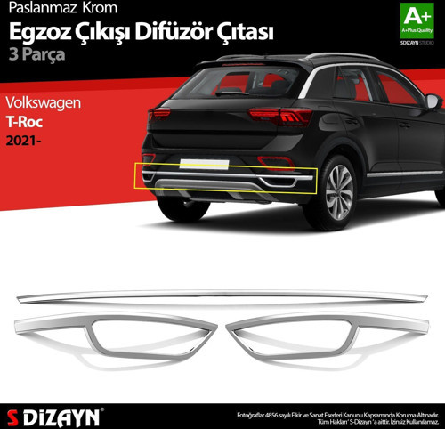 Volkswagen T-Roc Uyumlu Makyajlı Krom Egzoz Görünümü Difüzör 3 Parça. 2021 Üzeri Parça