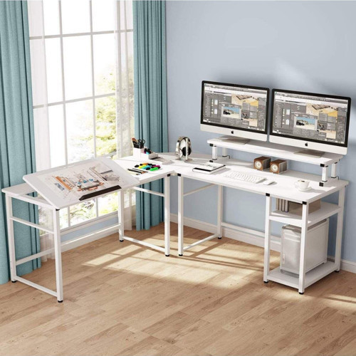 Tasarım Beyaz L Model Monitör Raflı Çizim Ve Çalışma Masası Modeli