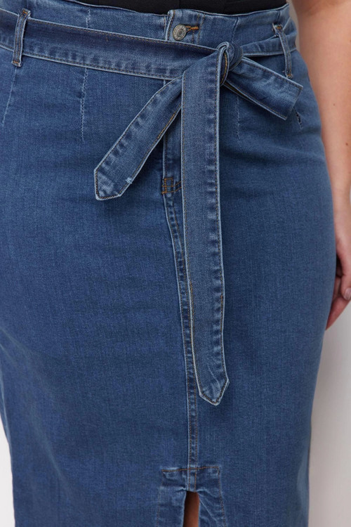 Moda Büyük Beden Yırtmaçlı Düz Desen Günlük Mini Boy Kuşaklı Yüksek Bel Yırtmaçlı Denim Etek